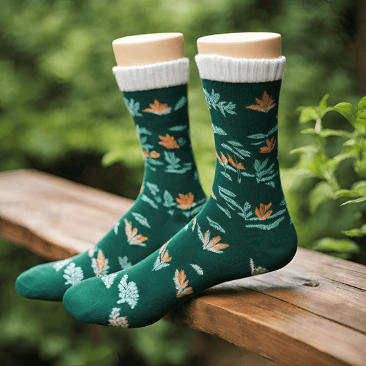 une paire de chaussettes présentée de manière attrayante, peut-être posée sur une surface en bois ou sur un fond de feuillage vert pour symboliser la durabilité et l'impact écologique positif