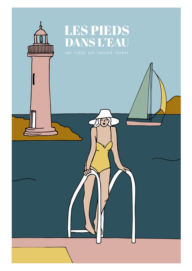 Quanailles pieds dans l'eau une nageuse sort de l'eau devant un phare et un bateau