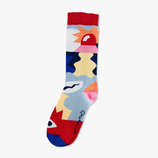 Paire dépareillée Abstract bleu rouge — chaussettes artiste made in France — Quanailles
