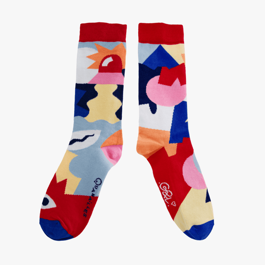 Motif abstrait chaussettes rouge et bleu — Guillaume & Laurie — made in France — Quanailles