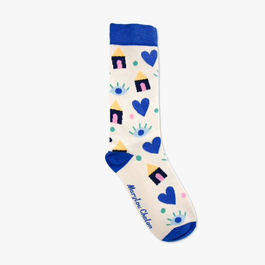 Chaussettes made in france cosy maison oeil coeur beige bleu