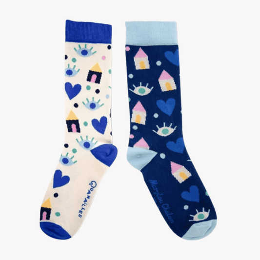 Marylou Chalon | Paire de chaussettes dépareillées Cosy beige & bleu