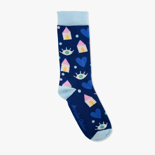 Détail chaussette Cosy bleu — Marylou Chalon — chaussettes originales France — Quanailles