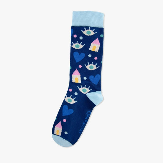 Chaussettes artiste motif Cosy bleu — Marylou Chalon — fabriquées en Limousin — Quanailles