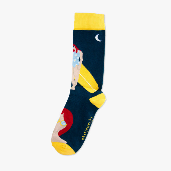 Chaussettes made in france surf femme nuit bleu jaune lune