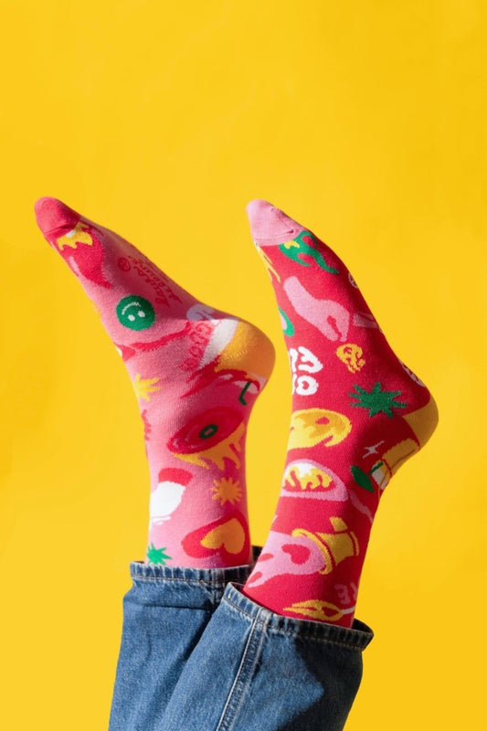 Paire dépareillée On Fire rose fuchsia — chaussettes artiste made in France — Quanailles