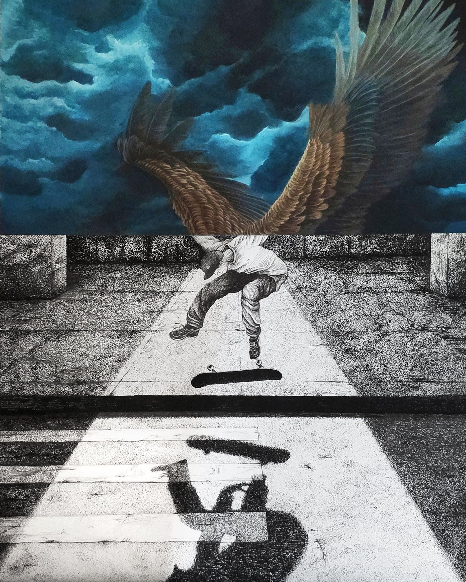 Quanailles GIB la manufacture skateur sur son skate avec des ailes d'aigle