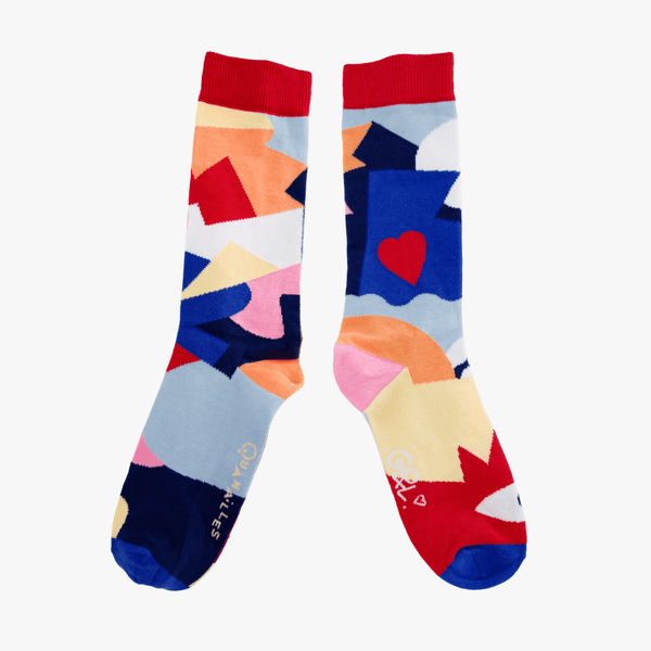 Chaussettes dépareillées Abstract rouge et bleu — Guillaume & Laurie — fabriquées en France — Quanailles