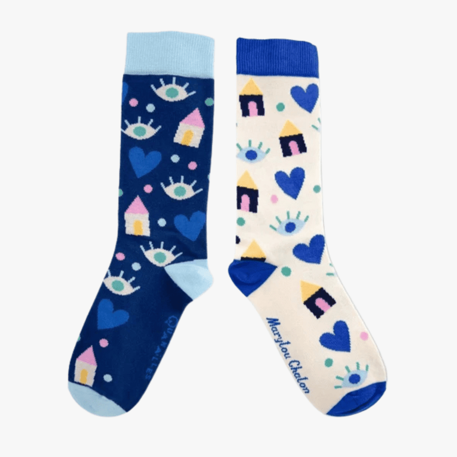Marylou Chalon | Paire de chaussettes dépareillées Cosy beige & bleu