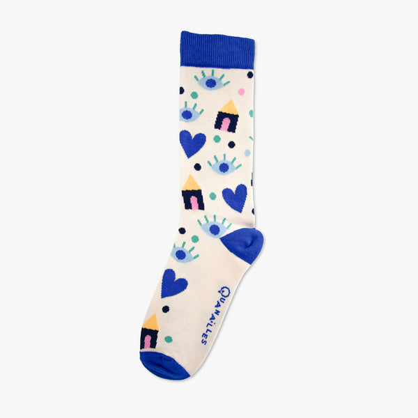 Chaussettes made in france cosy maison coeur oeil beige bleu